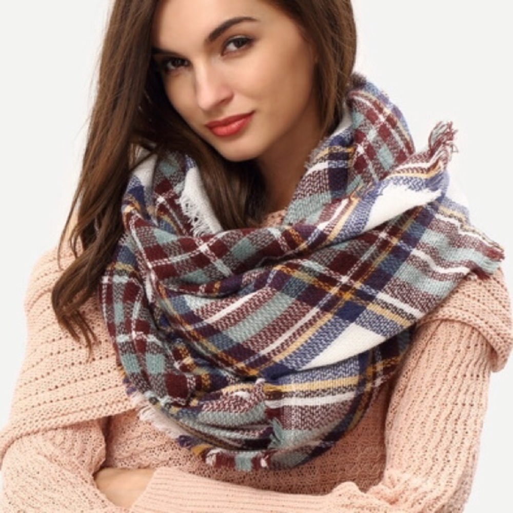 Mint Blue Brown Navy Plaid Blanket Scarf - Picture 1 of 3